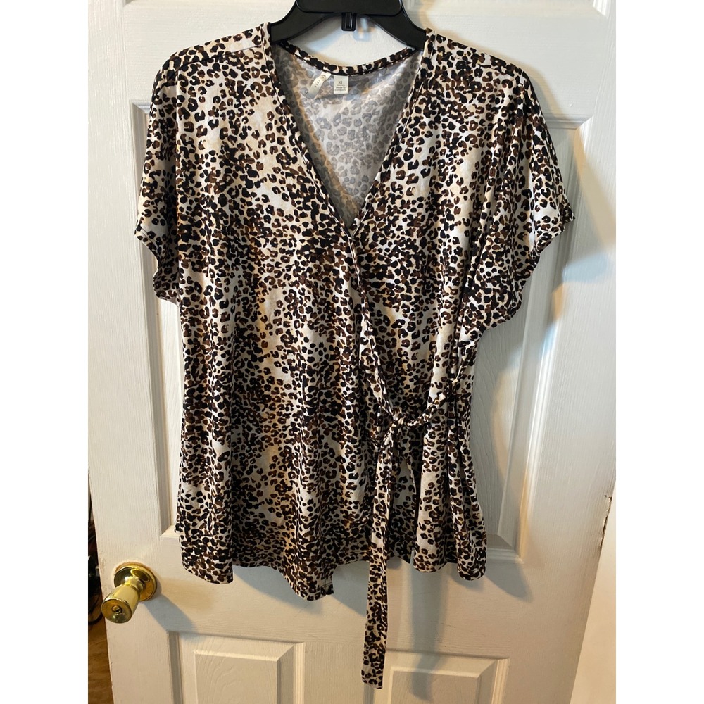 Est. 1946 Leopard Print Wrap Front Side Tie Short Sleeve Top XL Brown Black